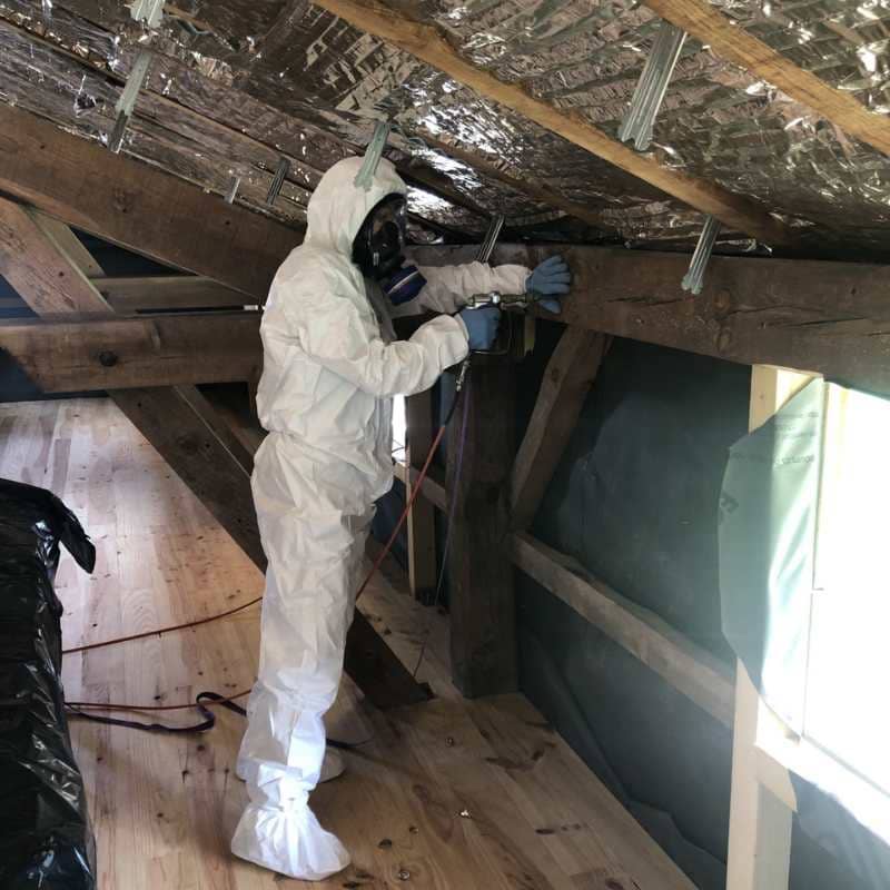 Technicien BDX Termites Mios en combinaison de protection traitant une poutre de charpente