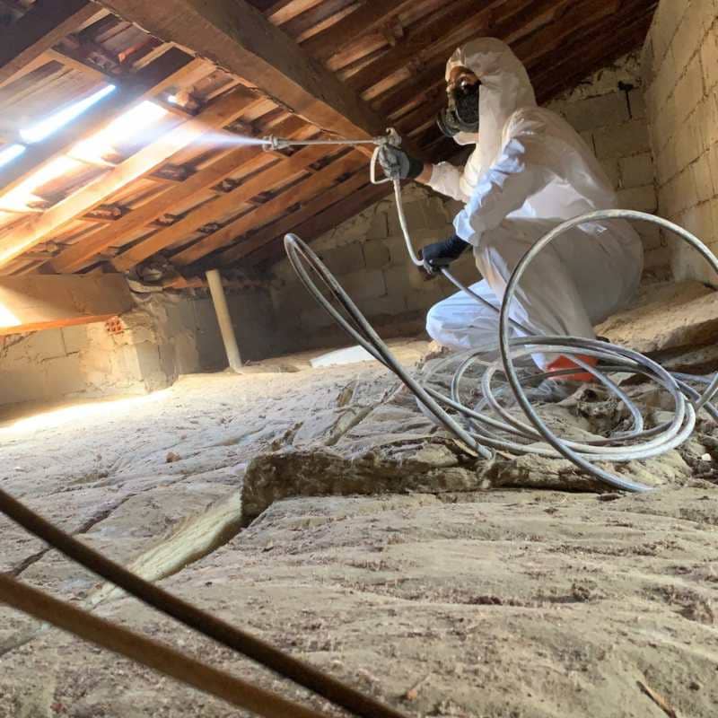 Technicien BDX Termites Mios traitant la charpente de combles par pulvérisation